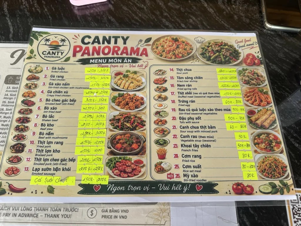 Canty Panorama food menu photo with reference prices written on the menu.