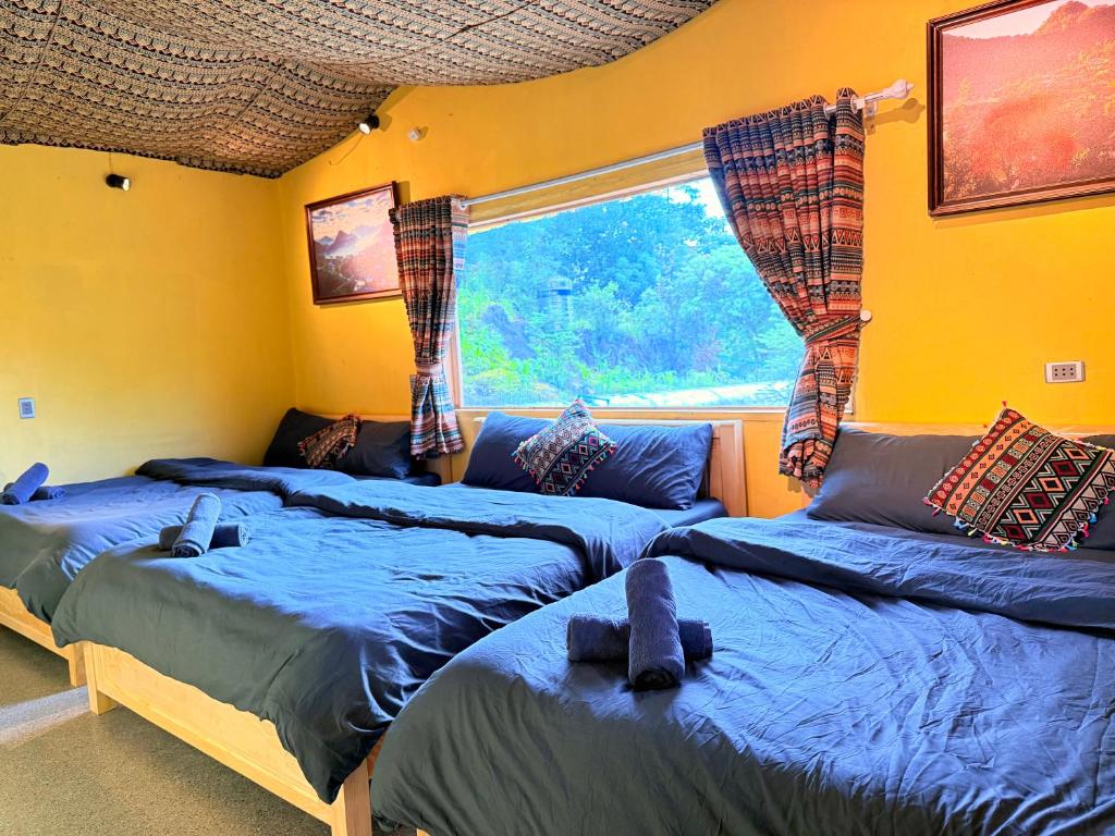 Homestay bedroom with blue bedding and a mountain view